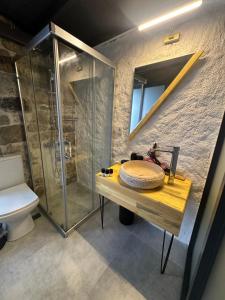 un bagno con doccia, lavandino e WC di Luvenza Hotel Alaçatı a Çeşme