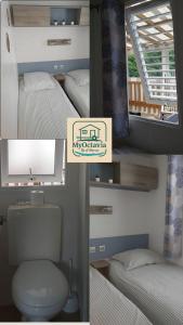 two pictures of a bedroom with a toilet and a mirror at MyOctavia au sein d'un camping 5 Etoiles in Saint-Georges-dʼOléron