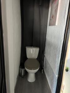 a bathroom with a toilet in a black wall at L'appart avec jardin in Malmerspach