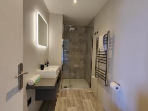 a bathroom with a glass shower and a sink at Petit Mont Blanc Guest House in Peisey-Nancroix +73 photos