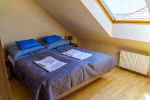 Un dormitorio abuhardillado con dos camas y una ventana. en KLEO Apartman, en Pécs