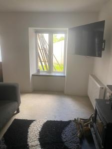 a living room with a couch and a window at Hideaway Cottage in Camelford