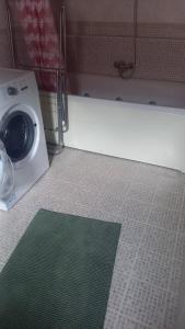 a washing machine in a bathroom with a green rug at Cassagrande in Mamaia Nord +2 photos