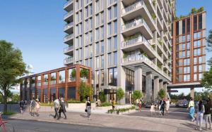 a rendering of a building with people walking in front of it at The Rhyland in Flushing