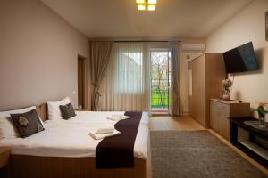 a hotel room with a large bed and a television at Green House Arini in Sibiu