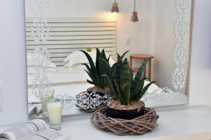 a table with two potted plants and a mirror at Apollon Boutique Hotel in Parikia