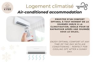un volantino per un alloggio con aria condizionata con una mano che tiene un telecomando di Appartement terrasse vue mer et piscine a Le Diamant