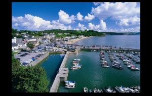 Una vista aérea de un puerto con barcos en el agua. en Seaside Retreat Family Getaway in Saundersfoot, en Pembrokeshire