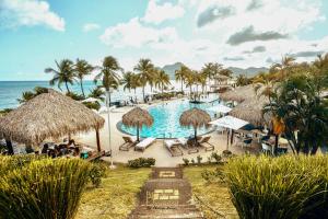 un resort con piscina, palme e oceano di Appartement terrasse vue mer et piscine a Le Diamant