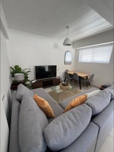 a living room with a gray couch with pillows at Cape Town Apartment, Sea View in Cape Town