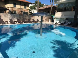 a large swimming pool with chairs and an umbrella at Hotel Alexander in Milano Marittima