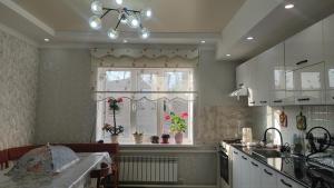 a kitchen with a window with potted plants on the counters at Bayel Guest house in Kochkorka