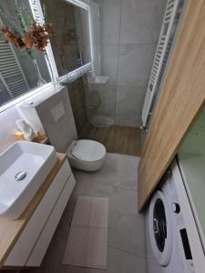 a bathroom with a sink and a washing machine at Central 17 in Târgu-Mureş +8 photos