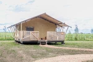 WolphaartsdijkGlamping De Zuidvliet Nr 9的田野里有一间带两个平台的大棚屋