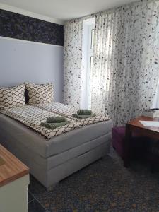 una piccola camera da letto con un letto e una finestra di Zentrale Ferienwohnung im Kurparkhotel a Bad Rothenfelde