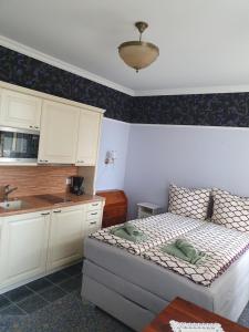 una piccola camera da letto con un letto e un lavandino di Zentrale Ferienwohnung im Kurparkhotel a Bad Rothenfelde