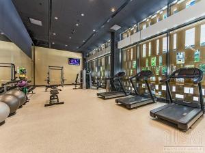 墨尔本High-Rise 2BR Luxury Apartment NYC-Inspired Design with Pool Gym Parking and Waterfront Views的一个房间里有几台跑步机的健身房
