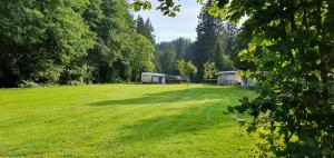un gran campo de césped con dos edificios y árboles en Naturcamp Meyersgrund - Campingplatz, en Manebach