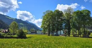 a field of green grass with trees and a building at Berg & Natur - Cozy house in Altenmarkt im Pongau