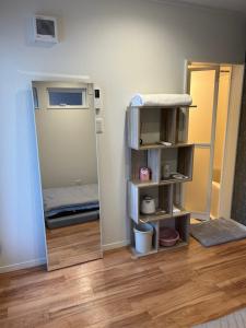a room with a bedroom with a bed and a mirror at ハーモニー地下鉄幌平橋駅徒歩6分市電行啓通駅2分 in Sapporo
