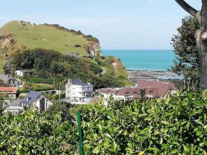 a view of a town with a hill and the ocean at Sentier des falaises in Veulettes-sur-Mer