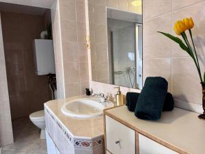 une salle de bain avec un lavabo, des toilettes et un miroir dans l'établissement 120 m2 apartment in the centre of the old town, à Bratislava 11 autres photos