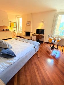 莫尔科泰Gritti Palace Morcote - Waterfront studio with panoramic lake views - Fiordaliso的一间带大床的卧室和一间客厅