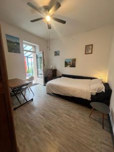a bedroom with a bed and a ceiling fan at Gîte à la ferme avec piscine in Urgosse +23 photos