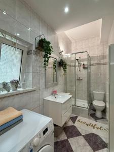 a bathroom with a sink and a toilet and a shower at Apartament Ząbki in Ząbki