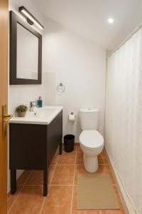 une salle de bain avec toilettes, lavabo et miroir dans l'établissement Habitación en el campo con baño privado en Puerto Pollensa, à El Port