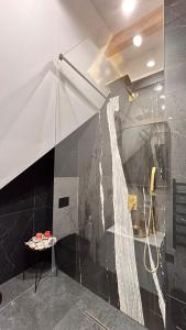 a shower in a room with a glass wall at Schronisko Zmysłów - Apartament 7 in Kościelisko