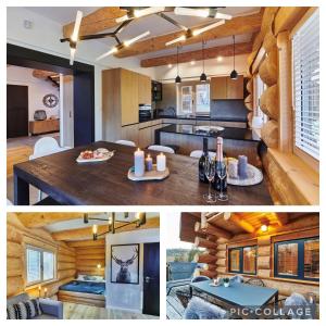 a kitchen with a table in a log house at Zrub Ontario, Tále in Horná Lehota +20 photos