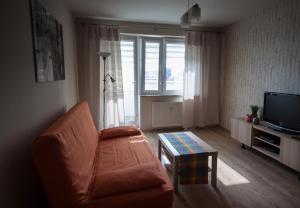 een woonkamer met een bank en een tv bij Velvet Łucka in Warschau