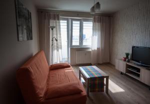 a living room with a couch and a tv at Velvet Łucka in Warsaw