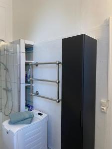 a bathroom with a black refrigerator next to a toilet at L'Entre-Deux I Cœur de ville, Cathédrale in Amiens +40 photos