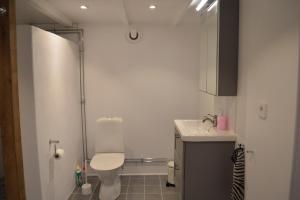 a small bathroom with a toilet and a sink at Litet mysigt hus i Östra Göinge in Västraby