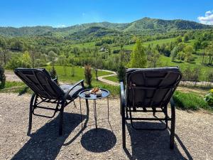 - deux chaises et une table avec vue sur la montagne dans l'établissement Dream Cottage A-Frame, à Şinca Nouă