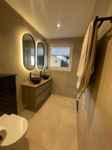 a bathroom with a sink and two mirrors at Studio 137 in Zwaag