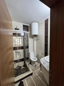 a bathroom with a toilet and a glass shower at Villa Miki in Kruče