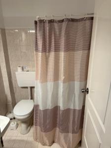 a bathroom with a toilet and a shower curtain at Irene Studios in Arillas +28 photos