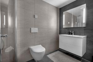 une salle de bains avec toilettes, lavabo et miroir dans l'établissement 2-bedroom modern apartment in Tromsø, à Tromsø