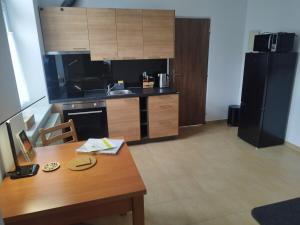 a kitchen with a wooden table and a black refrigerator at Apartmán u lázní in Lipova Lazne