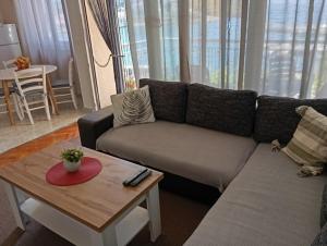 ein Wohnzimmer mit Sofa und Couchtisch in der Unterkunft Apartment Dora 1 Jakišnica in Lun