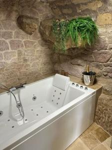 a large white bath tub in a stone bathroom at Parenthèse entre forêt et château in Pierrefonds