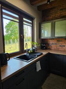 a kitchen with a sink and a window at Siedlisko na Winnicy in Opatów