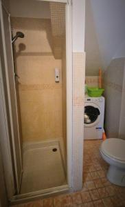 a shower in a bathroom with a toilet and a washing machine at Monferrato Street House in Calliano