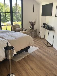 a bedroom with a bed and a flat screen tv at L'Écrin de la Sapinière in Merville +16 photos
