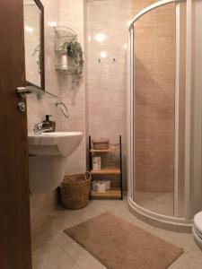a bathroom with a shower and a sink and a toilet at Lavender Apartment in Sozopol