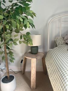 a table with a lamp and a potted plant next to a bed at Neuk Nest,serene 2 bedroom apartment in Anstruther in Anstruther