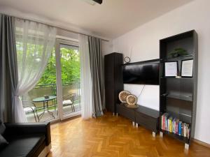 un soggiorno con letto e una grande finestra di Apartament Natalia a Żywiec
